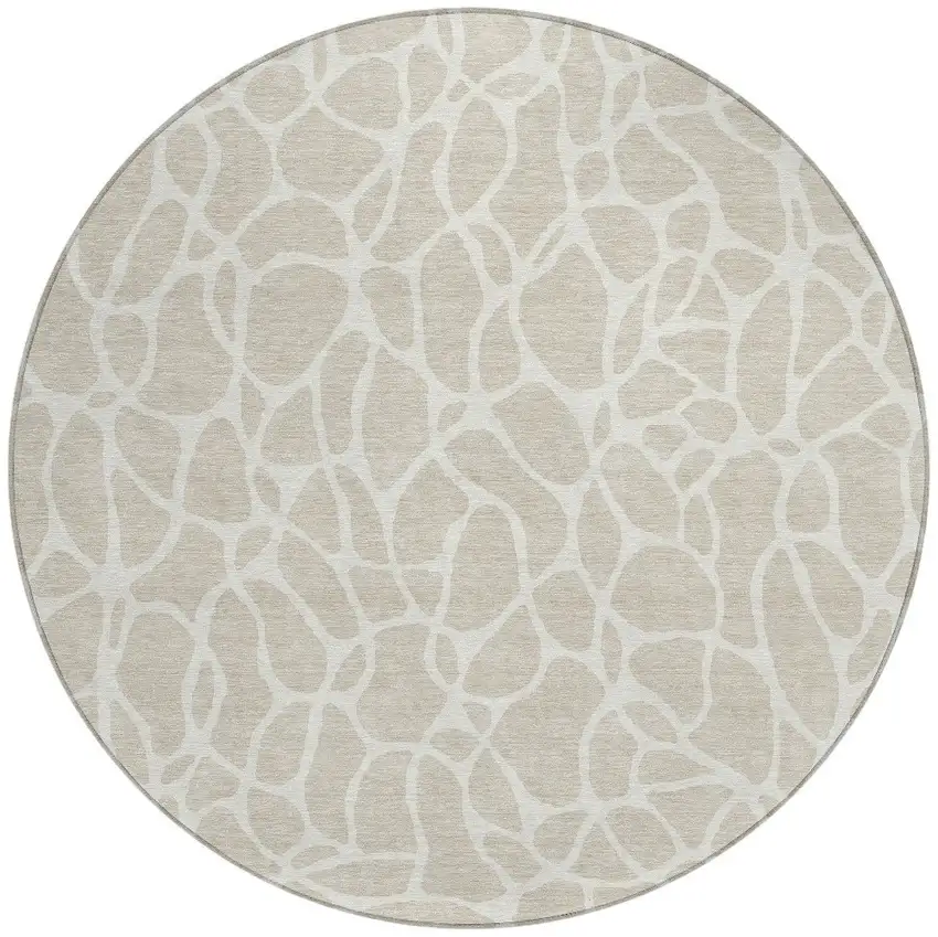 8' Beige And Ivory Round Geometric Washable Indoor Outdoor Area Rug Photo 5