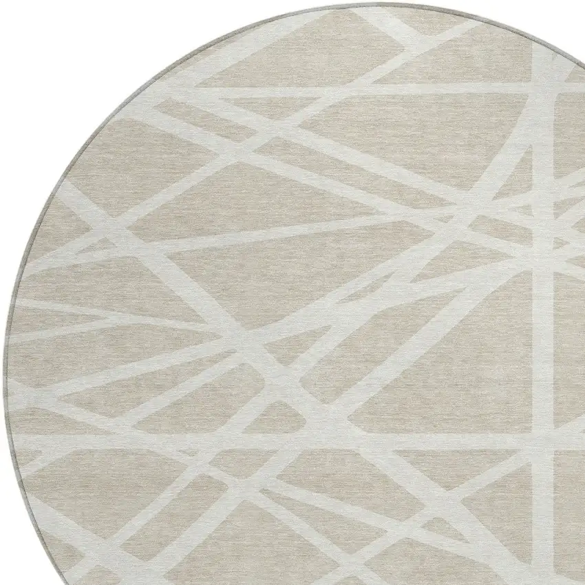 8' Beige And Ivory Round Geometric Washable Indoor Outdoor Area Rug Photo 2