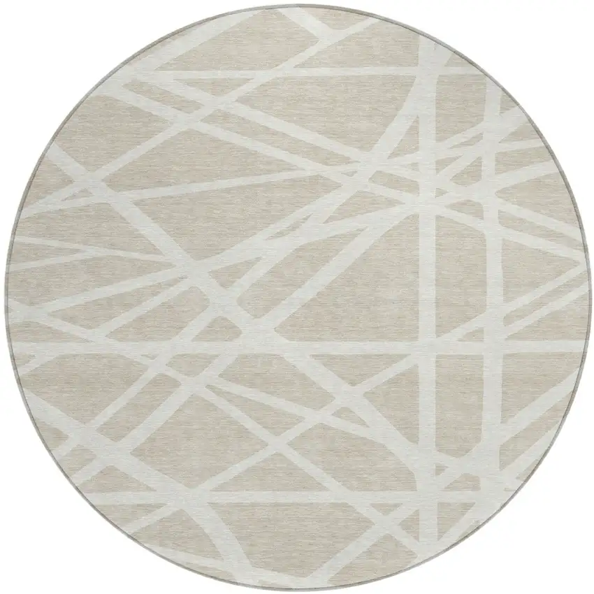 8' Beige And Ivory Round Geometric Washable Indoor Outdoor Area Rug Photo 1