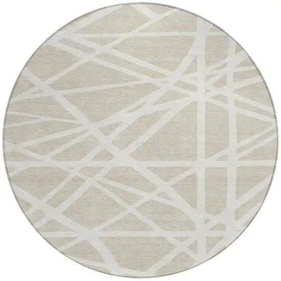 8' Beige And Ivory Round Geometric Washable Indoor Outdoor Area Rug Photo 3