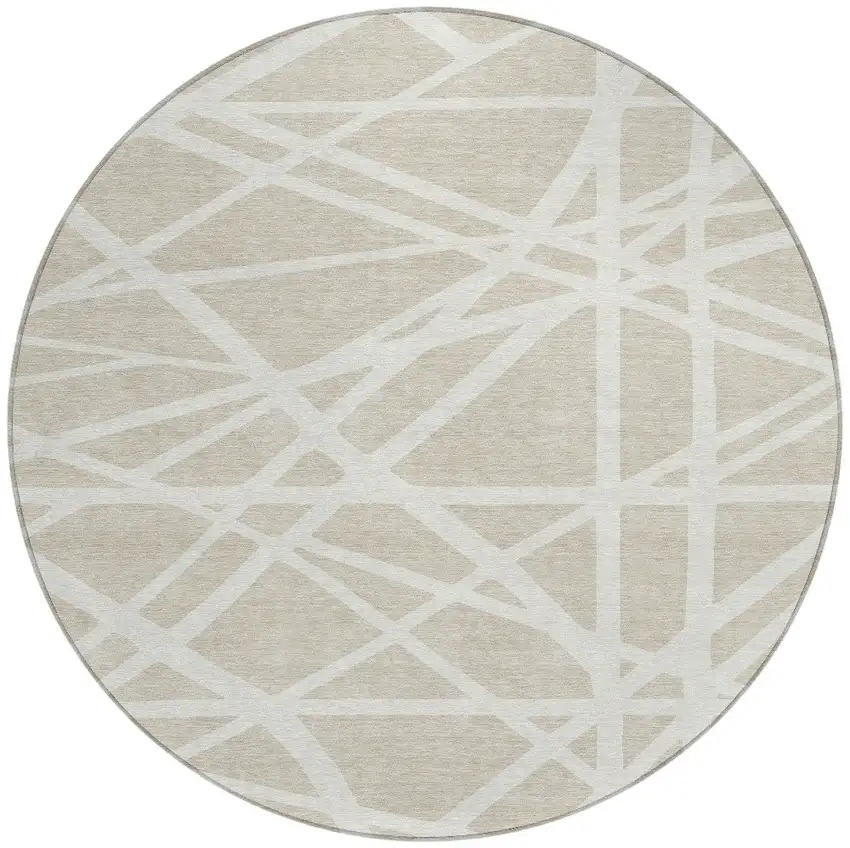 8' Beige And Ivory Round Geometric Washable Indoor Outdoor Area Rug Photo 3