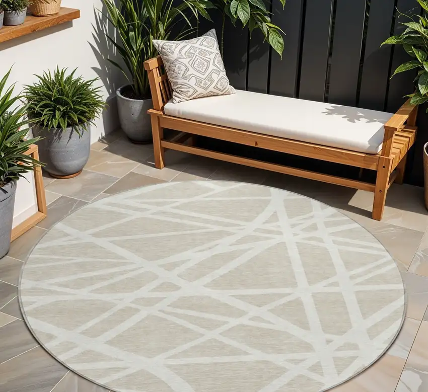 8' Beige And Ivory Round Geometric Washable Indoor Outdoor Area Rug Photo 8