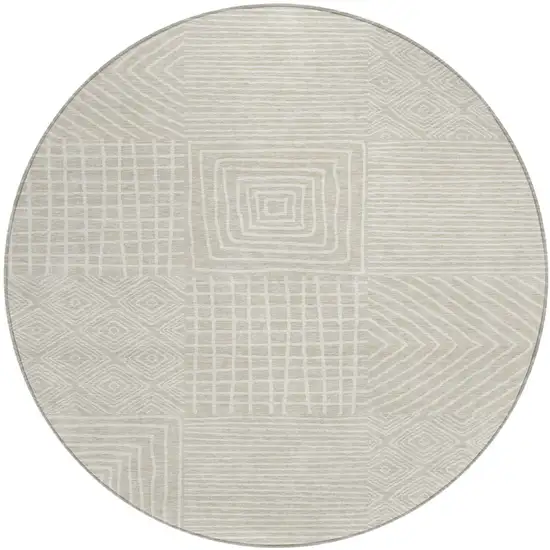 8' Beige And Ivory Round Geometric Washable Indoor Outdoor Area Rug Photo 2