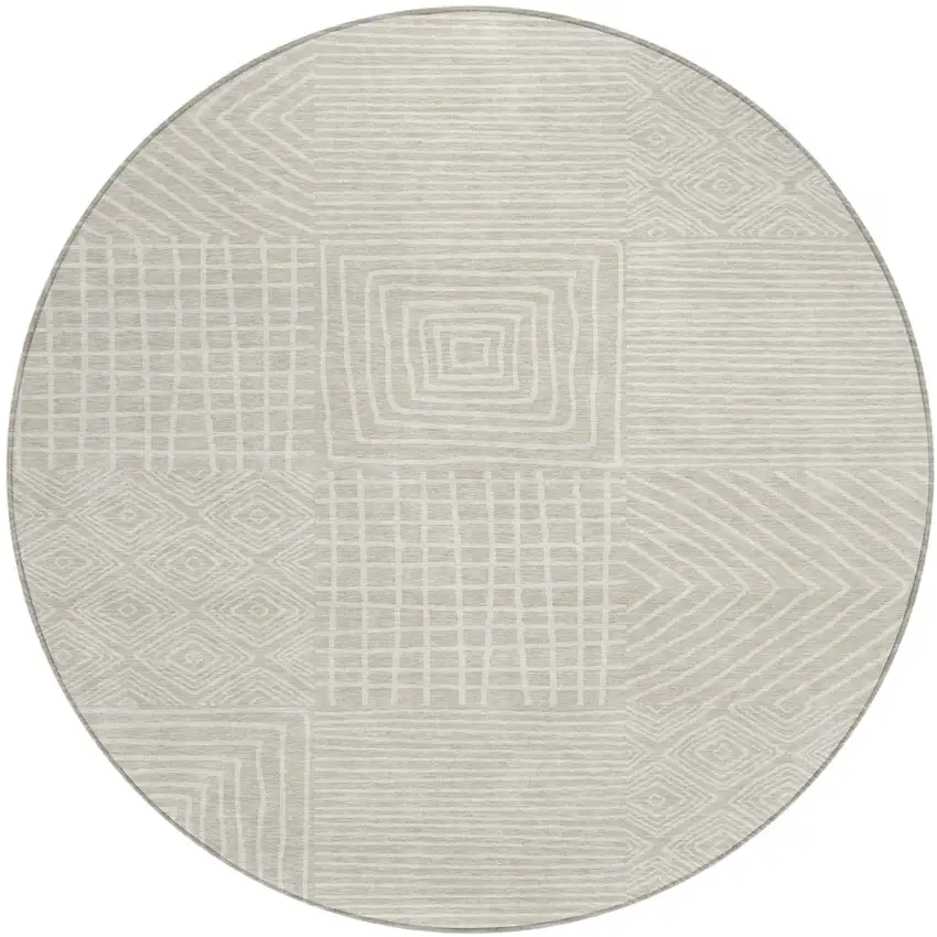 8' Beige And Ivory Round Geometric Washable Indoor Outdoor Area Rug Photo 2