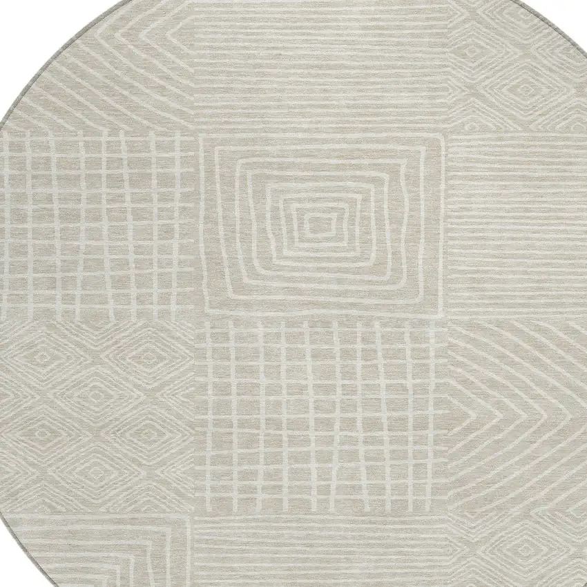 8' Beige And Ivory Round Geometric Washable Indoor Outdoor Area Rug Photo 5