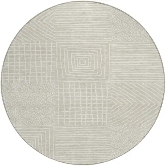 8' Beige And Ivory Round Geometric Washable Indoor Outdoor Area Rug Photo 2