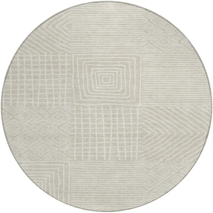 8' Beige And Ivory Round Geometric Washable Indoor Outdoor Area Rug Photo 2