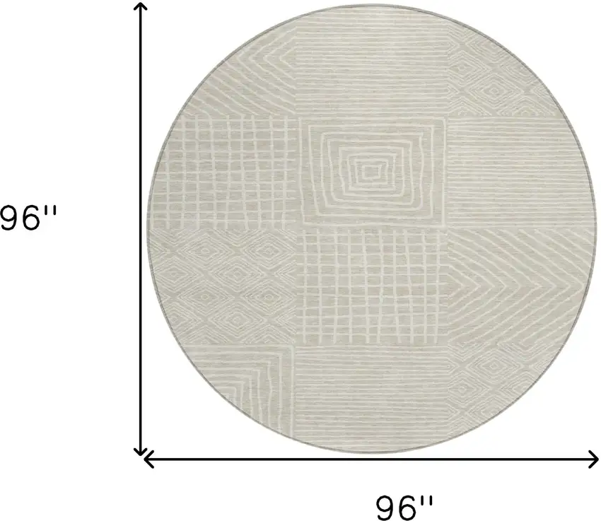 8' Beige And Ivory Round Geometric Washable Indoor Outdoor Area Rug Photo 7