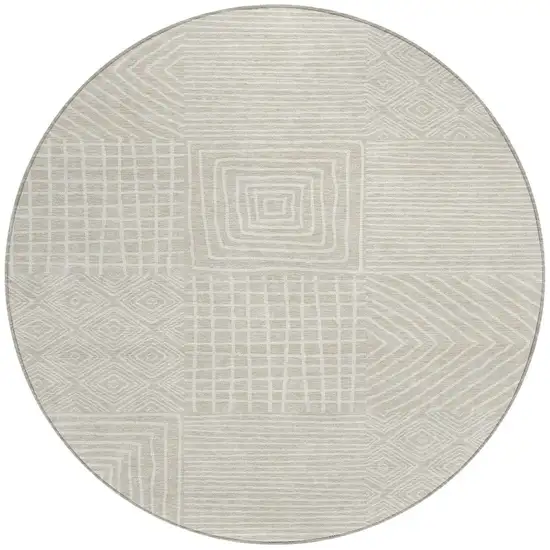 8' Beige And Ivory Round Geometric Washable Indoor Outdoor Area Rug Photo 6