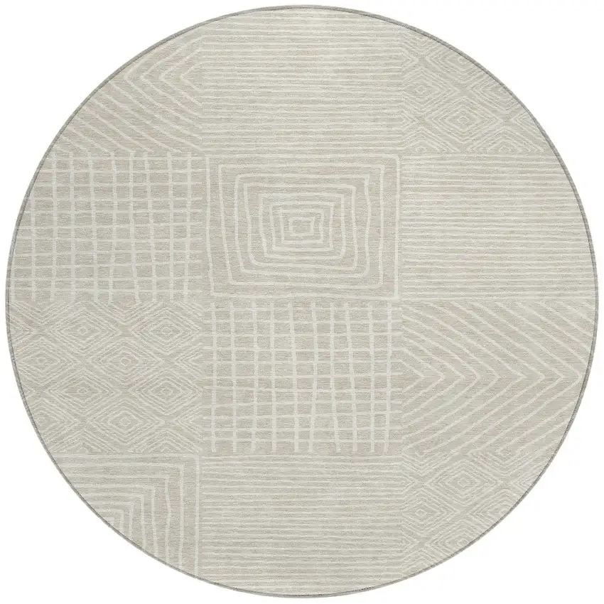 8' Beige And Ivory Round Geometric Washable Indoor Outdoor Area Rug Photo 6
