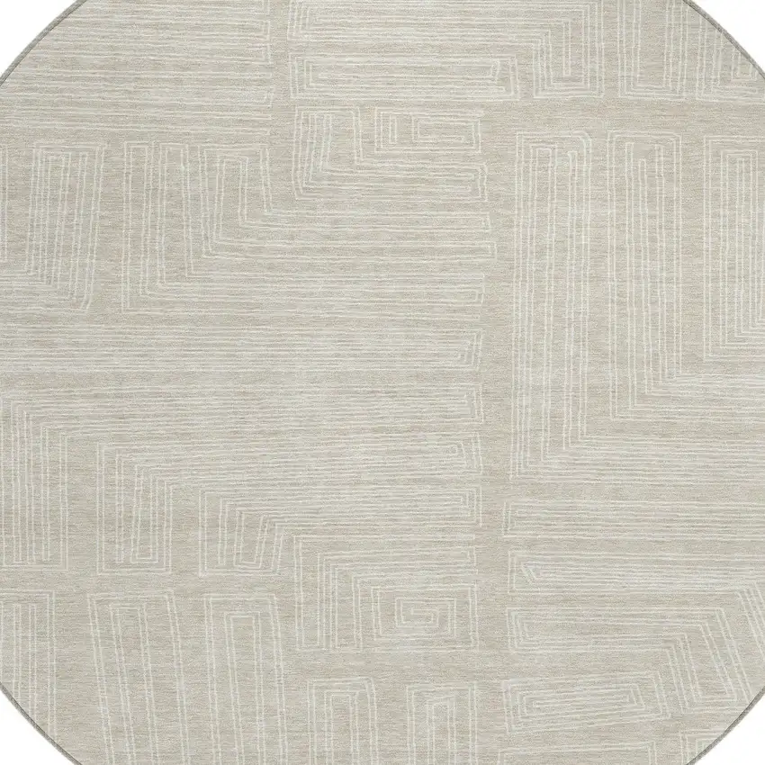 8' Beige And Ivory Round Geometric Washable Indoor Outdoor Area Rug Photo 5