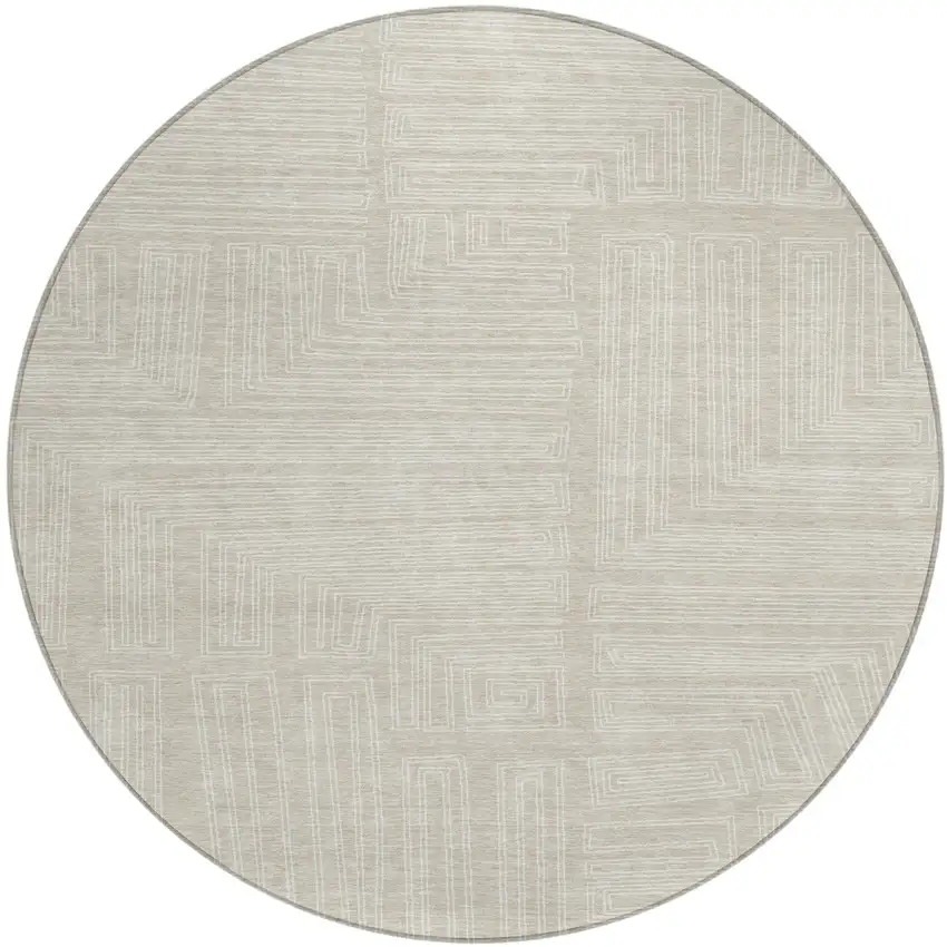 8' Beige And Ivory Round Geometric Washable Indoor Outdoor Area Rug Photo 2