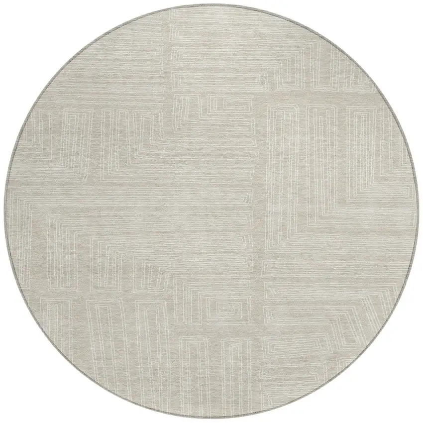 8' Beige And Ivory Round Geometric Washable Indoor Outdoor Area Rug Photo 6
