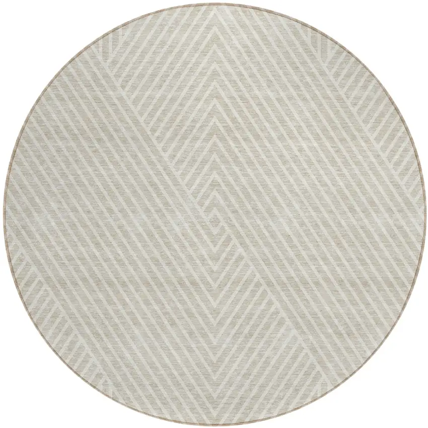 8' Beige And Ivory Round Geometric Washable Indoor Outdoor Area Rug Photo 2