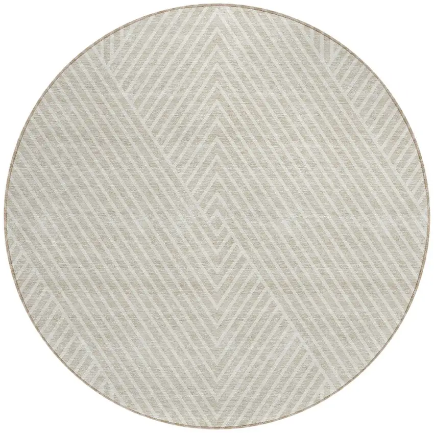 8' Beige And Ivory Round Geometric Washable Indoor Outdoor Area Rug Photo 5