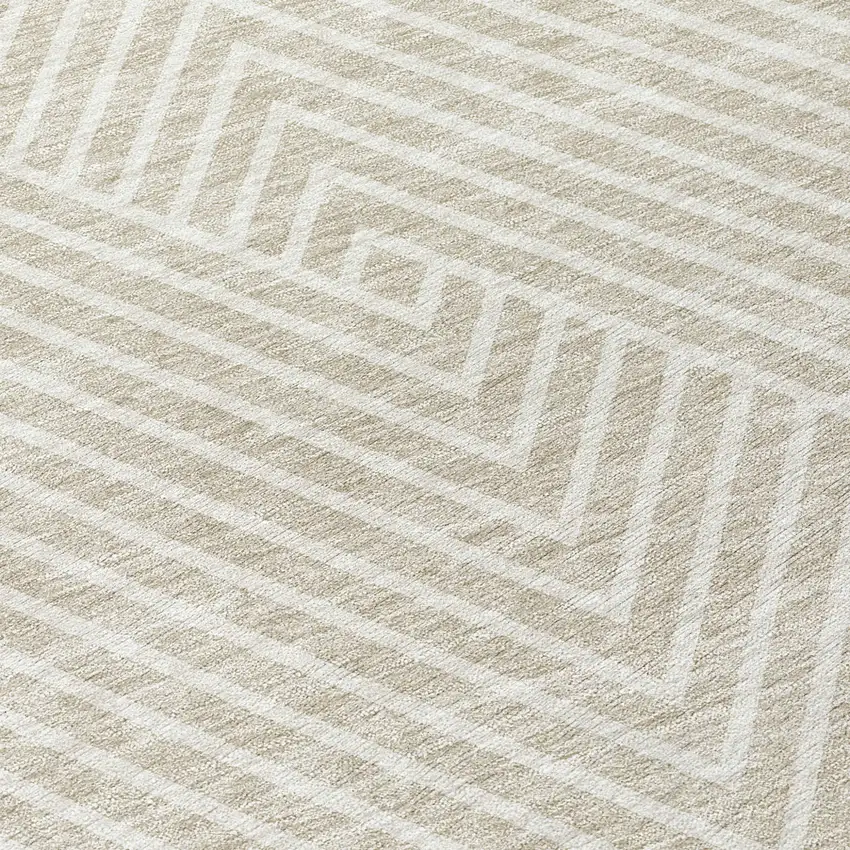 8' Beige And Ivory Round Geometric Washable Indoor Outdoor Area Rug Photo 9