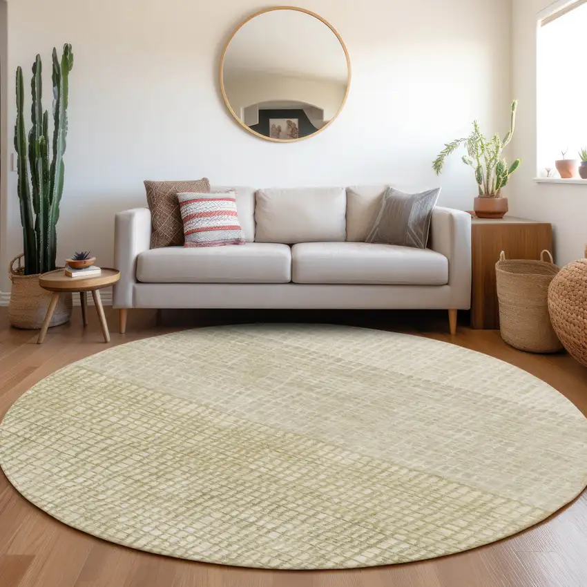 8' Beige And Ivory Round Geometric Washable Indoor Outdoor Area Rug Photo 7