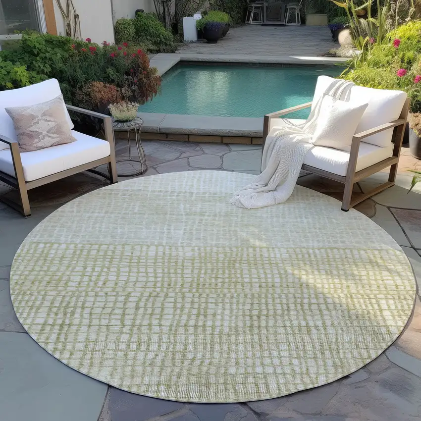 8' Beige And Ivory Round Geometric Washable Indoor Outdoor Area Rug Photo 6