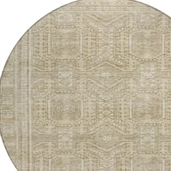 8' Beige And Ivory Round Geometric Washable Indoor Outdoor Area Rug Photo 9