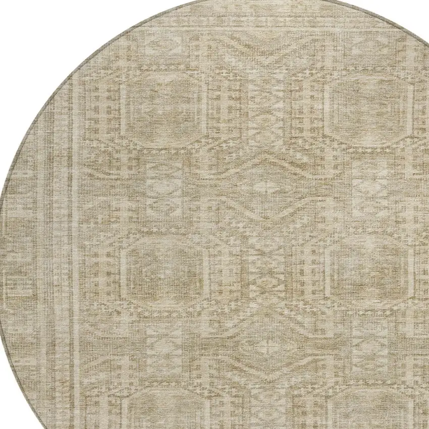 8' Beige And Ivory Round Geometric Washable Indoor Outdoor Area Rug Photo 9