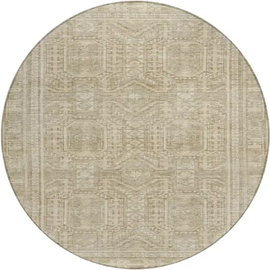 8' Beige And Ivory Round Geometric Washable Indoor Outdoor Area Rug Photo 1