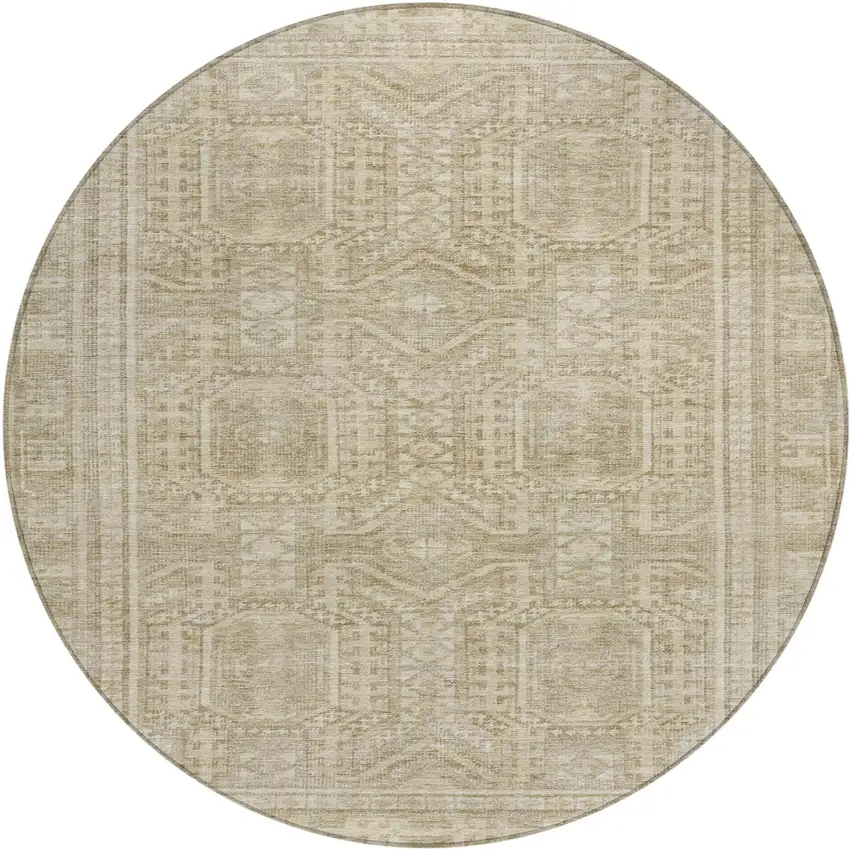 8' Beige And Ivory Round Geometric Washable Indoor Outdoor Area Rug Photo 1