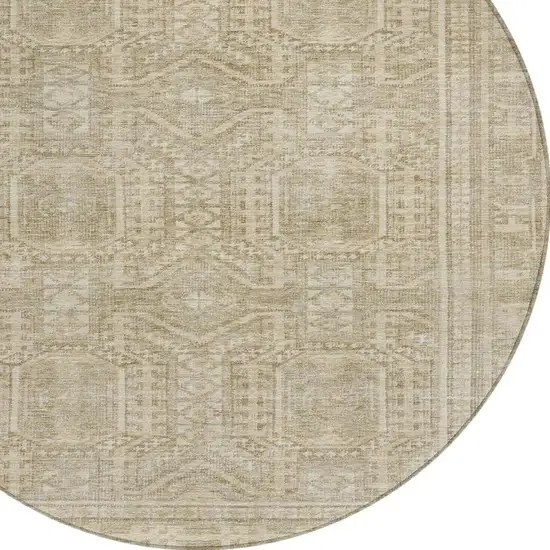 8' Beige And Ivory Round Geometric Washable Indoor Outdoor Area Rug Photo 4