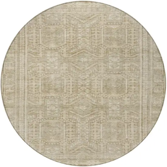 8' Beige And Ivory Round Geometric Washable Indoor Outdoor Area Rug Photo 3