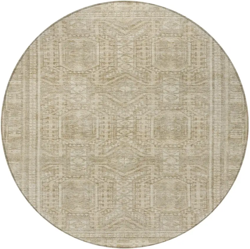 8' Beige And Ivory Round Geometric Washable Indoor Outdoor Area Rug Photo 3