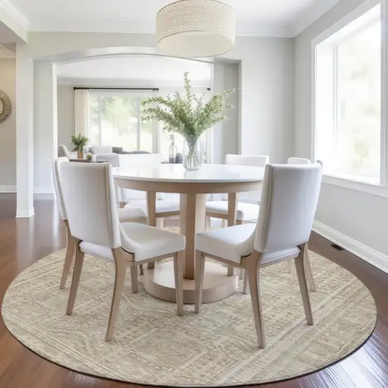 8' Beige And Ivory Round Geometric Washable Indoor Outdoor Area Rug Photo 7