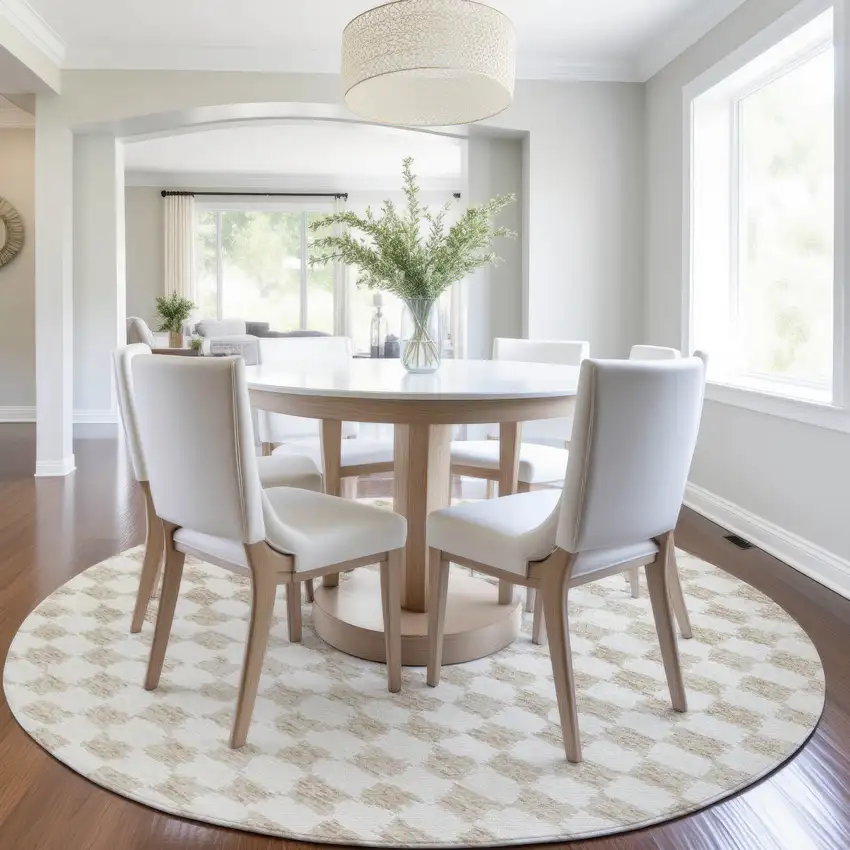 8' Beige And Ivory Round Geometric Washable Indoor Outdoor Area Rug Photo 7