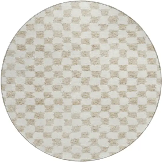 8' Beige And Ivory Round Geometric Washable Indoor Outdoor Area Rug Photo 1