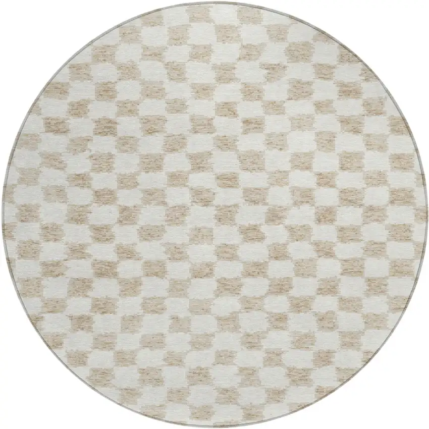 8' Beige And Ivory Round Geometric Washable Indoor Outdoor Area Rug Photo 1