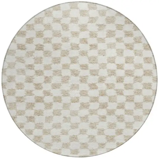 8' Beige And Ivory Round Geometric Washable Indoor Outdoor Area Rug Photo 3