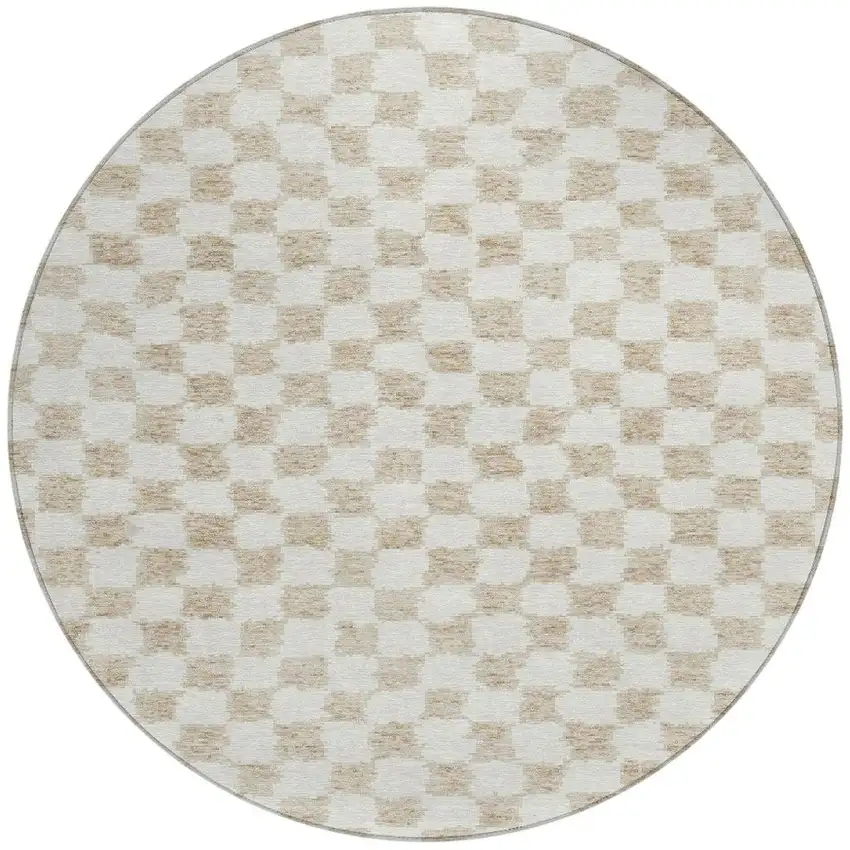 8' Beige And Ivory Round Geometric Washable Indoor Outdoor Area Rug Photo 3