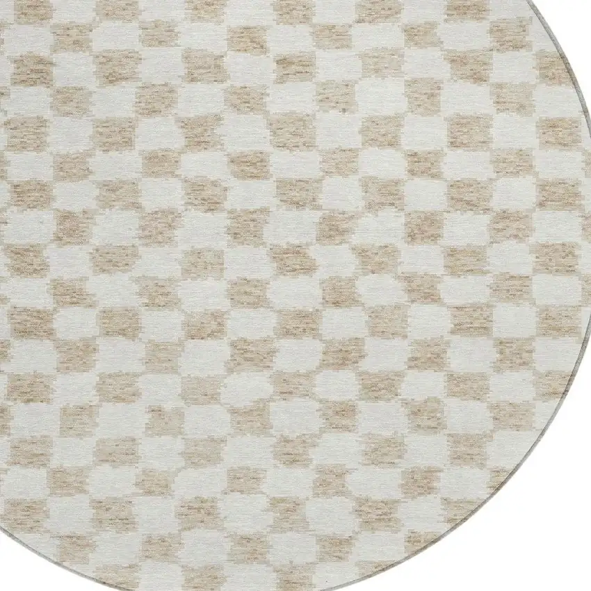 8' Beige And Ivory Round Geometric Washable Indoor Outdoor Area Rug Photo 9