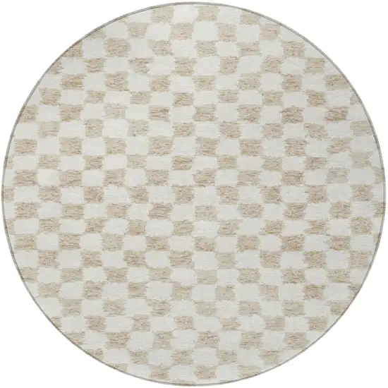 8' Beige And Ivory Round Geometric Washable Indoor Outdoor Area Rug Photo 4