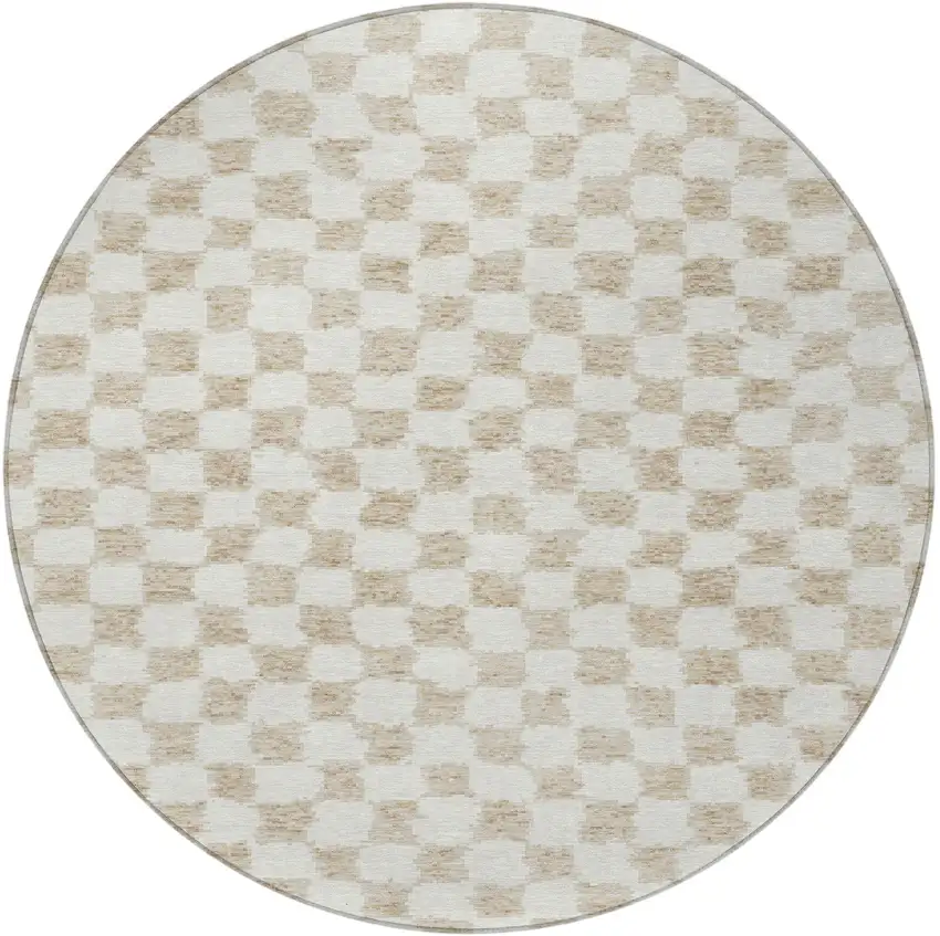 8' Beige And Ivory Round Geometric Washable Indoor Outdoor Area Rug Photo 4