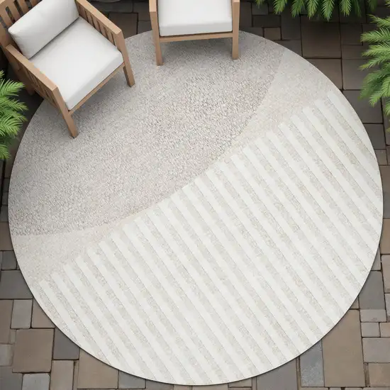 8' Beige And Ivory Round Geometric Washable Indoor Outdoor Area Rug Photo 6