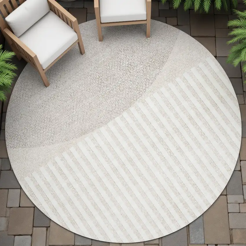 8' Beige And Ivory Round Geometric Washable Indoor Outdoor Area Rug Photo 6
