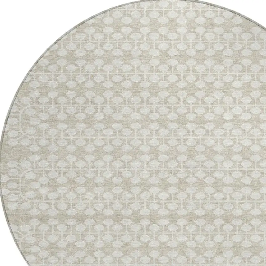 8' Beige And Ivory Round Geometric Washable Indoor Outdoor Area Rug Photo 6