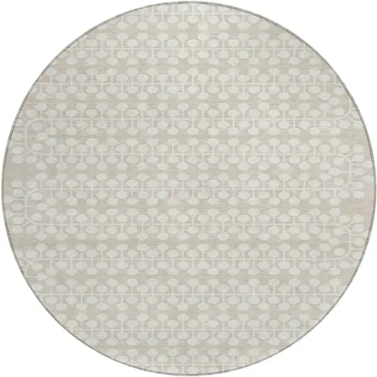 8' Beige And Ivory Round Geometric Washable Indoor Outdoor Area Rug Photo 2