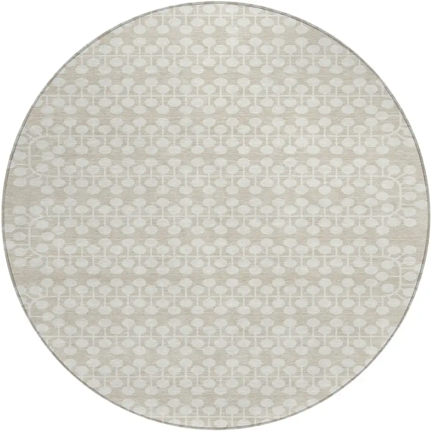 8' Beige And Ivory Round Geometric Washable Indoor Outdoor Area Rug Photo 2
