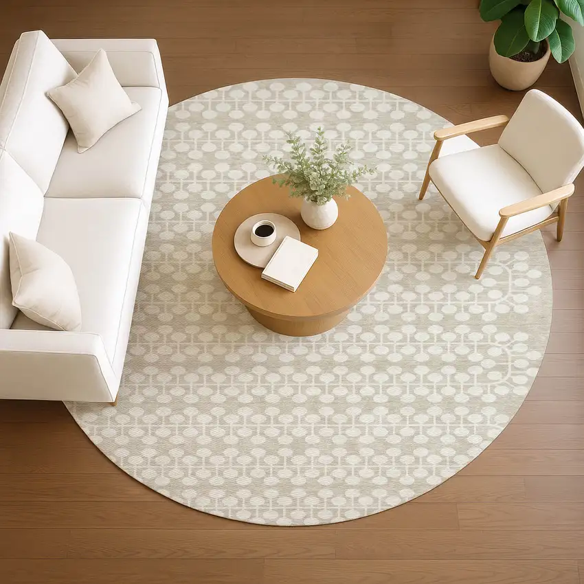 8' Beige And Ivory Round Geometric Washable Indoor Outdoor Area Rug Photo 8