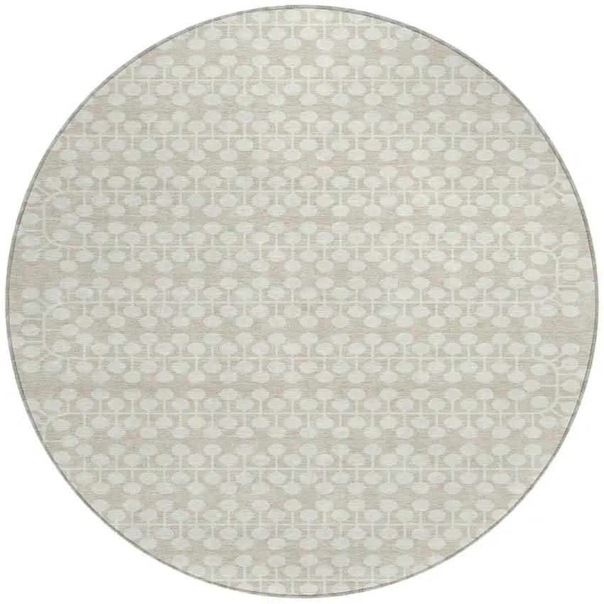 8' Beige And Ivory Round Geometric Washable Indoor Outdoor Area Rug Photo 4