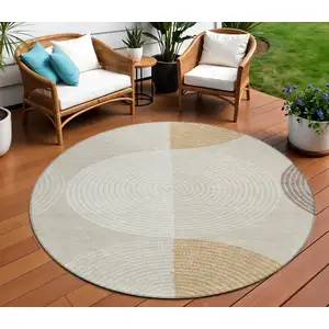 Photo of 8' Beige And Ivory Round Geometric Washable Indoor Outdoor Area Rug