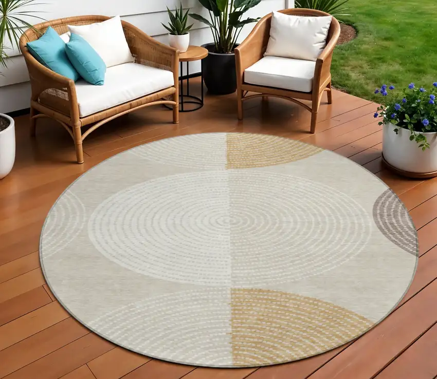 8' Beige And Ivory Round Geometric Washable Indoor Outdoor Area Rug Photo 1