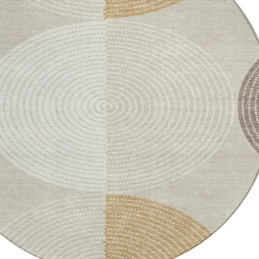 8' Beige And Ivory Round Geometric Washable Indoor Outdoor Area Rug Photo 7