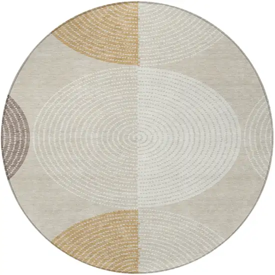 8' Beige And Ivory Round Geometric Washable Indoor Outdoor Area Rug Photo 5