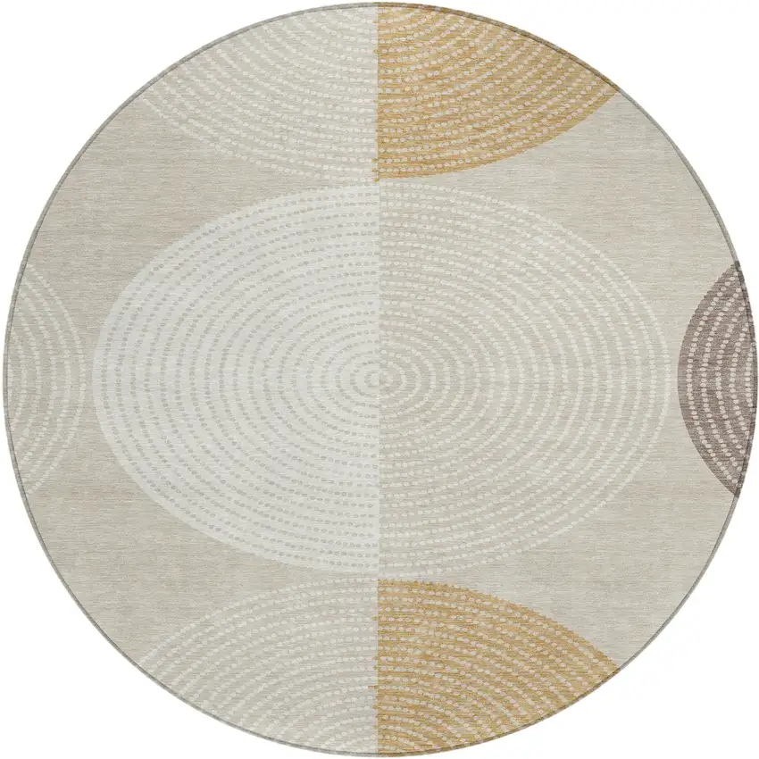8' Beige And Ivory Round Geometric Washable Indoor Outdoor Area Rug Photo 2